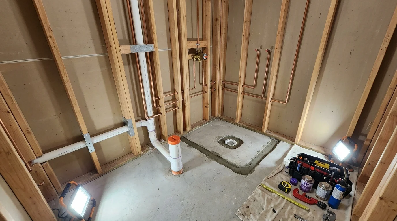 Bathroom rough-in plumbing during remodel by Johns Plumbing LLC in Seminole