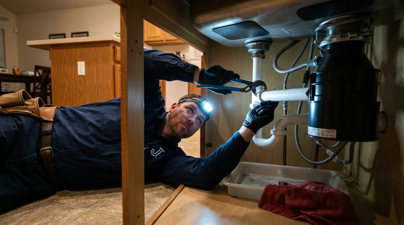 P-trap and supply line connections under a kitchen sink showing a common leak point in Seminole, FL